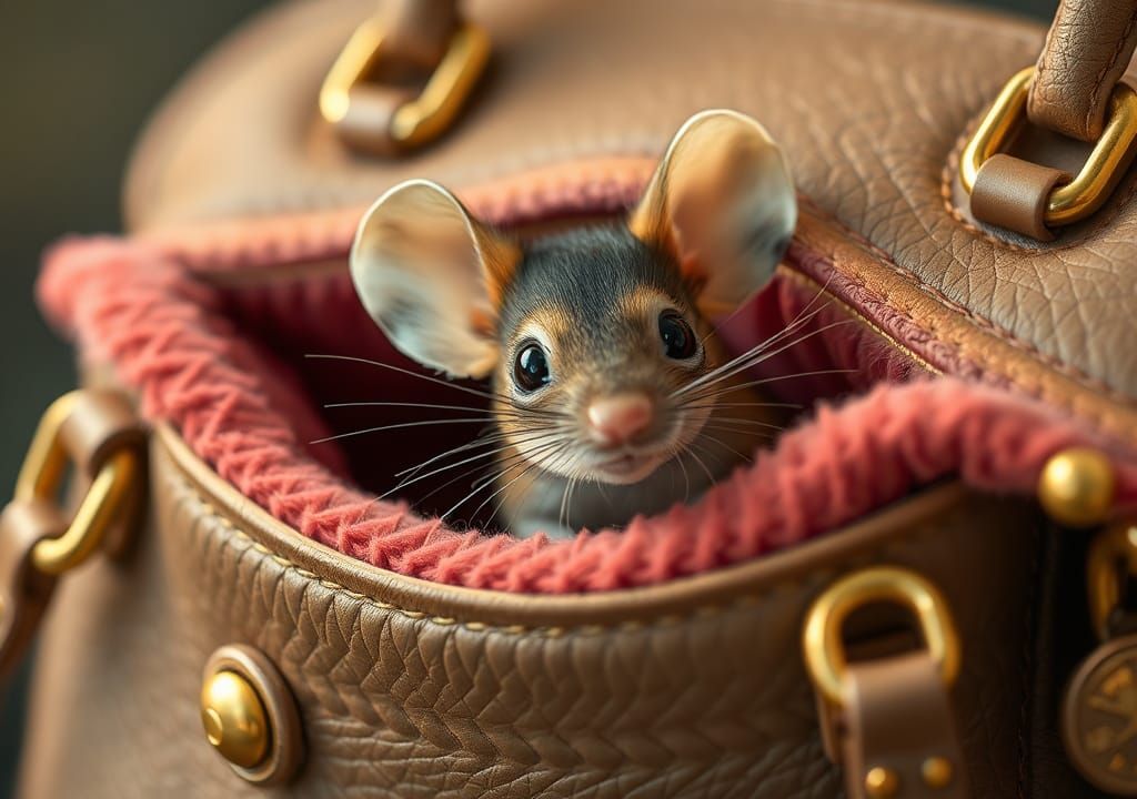 Mouse Peeks Out of Handbag in Storybook Illustration Style