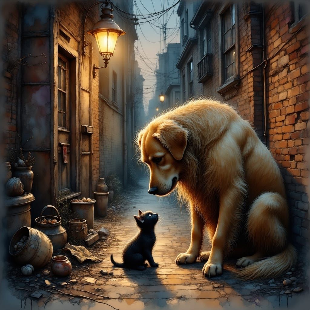 Golden Retriever Cares for Sick Kitten in Alleyway