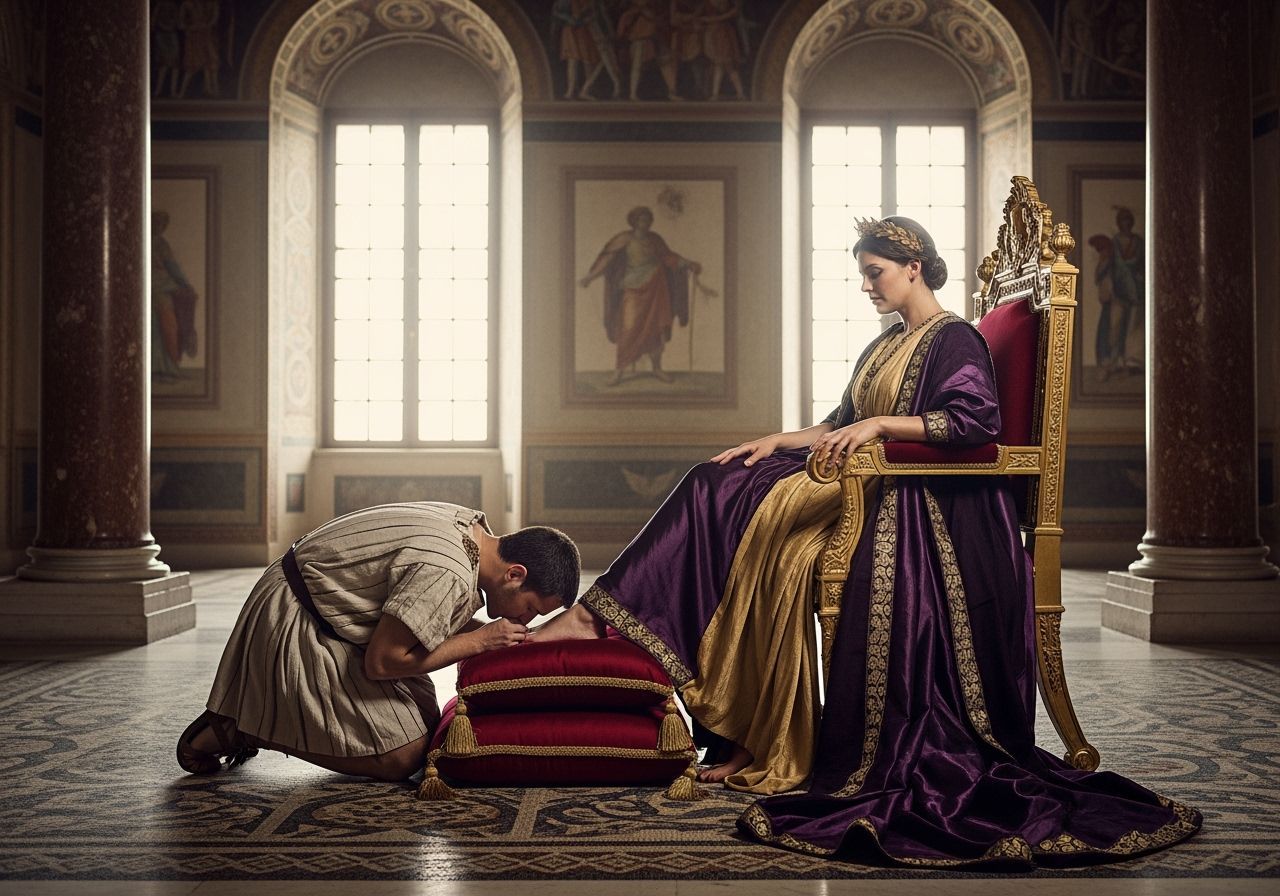 Roman Empress on Throne with Servant, Fashion Photography