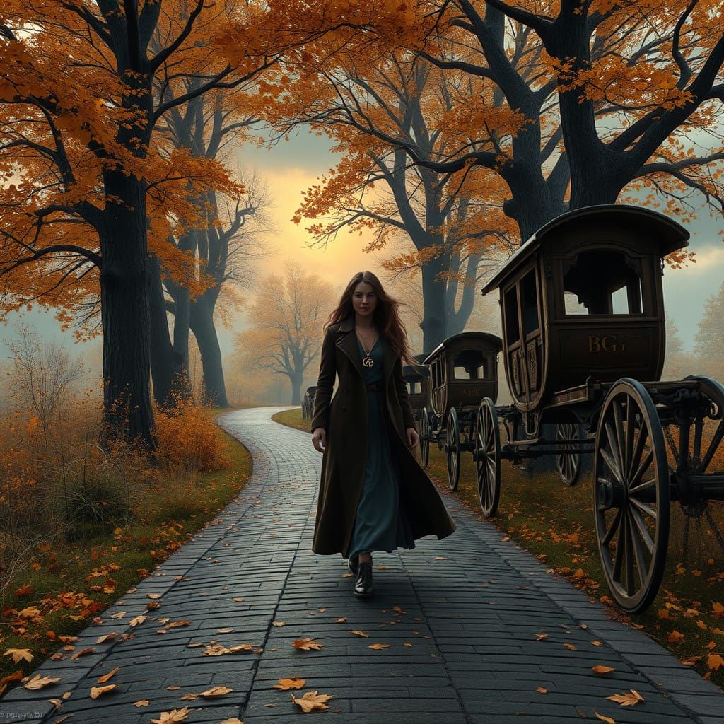 Woman Walks Alone Down Ancient Brick Road Under Autumn Trees