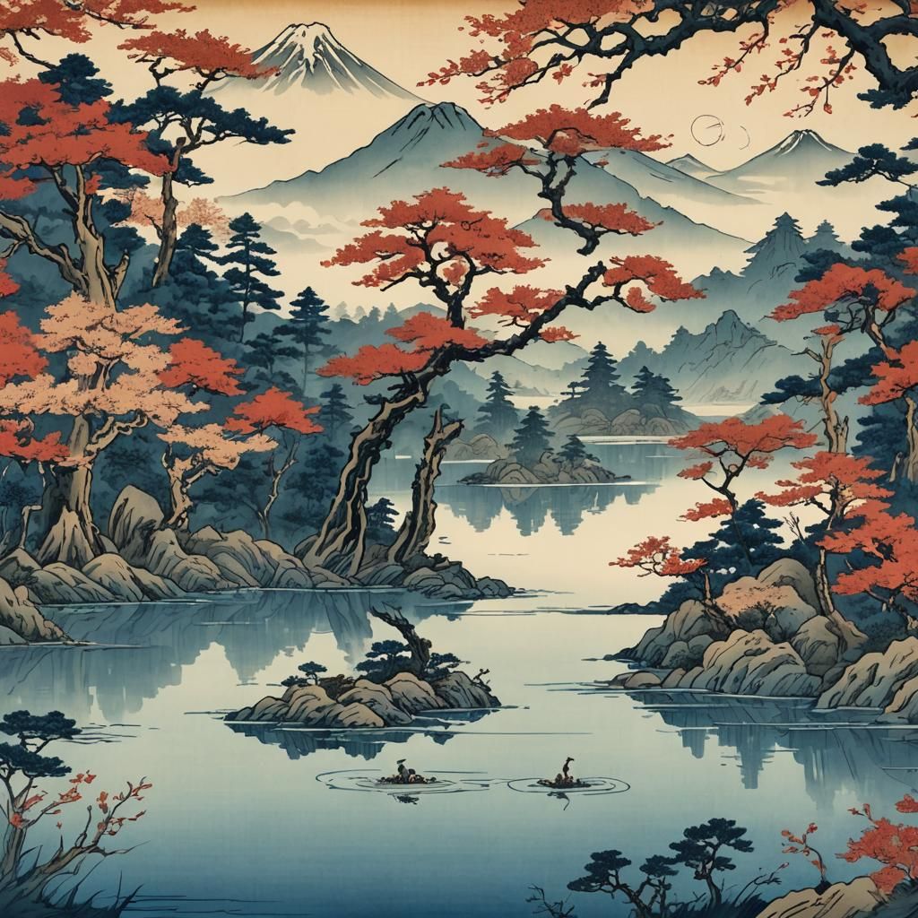 Japanese Lake in Ukiyo-e Style Scroll Artwork