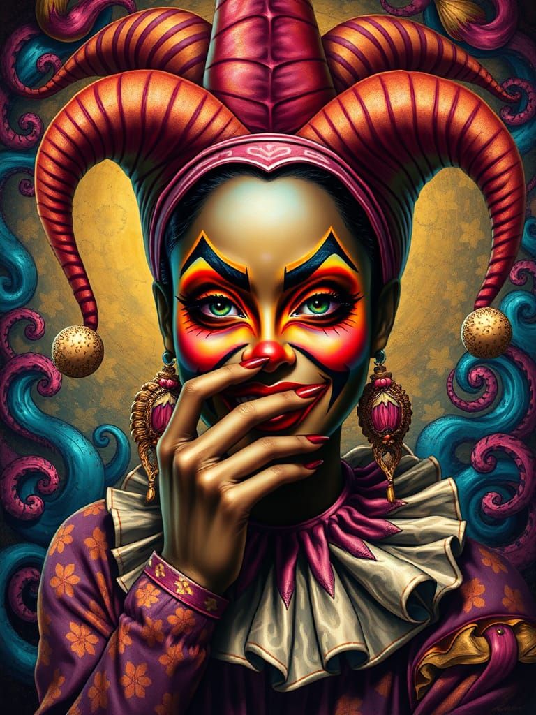 Vibrant Jester Woman in Surrealist Pop Art Style