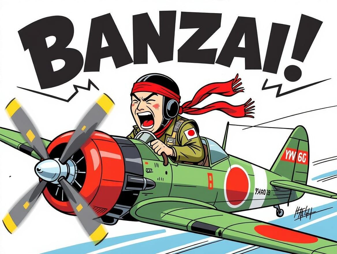 Kamikaze Pilot Screaming Banzai in Al Jafee Cartoon Style