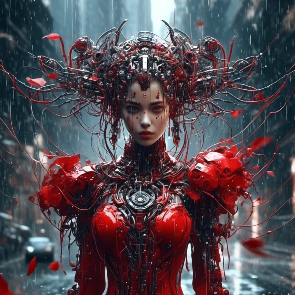Cyborg Girl in Rain: A Fantasy Techscape