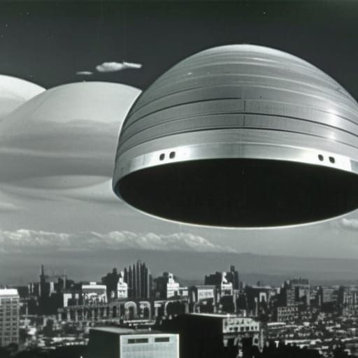 1950's sci fi film of Kaiju giant Flimsy UFO attacking the city