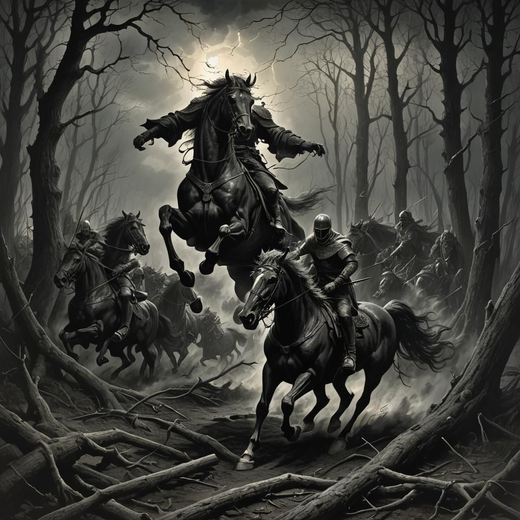 Headless Horseman Rides in Stormy Forest