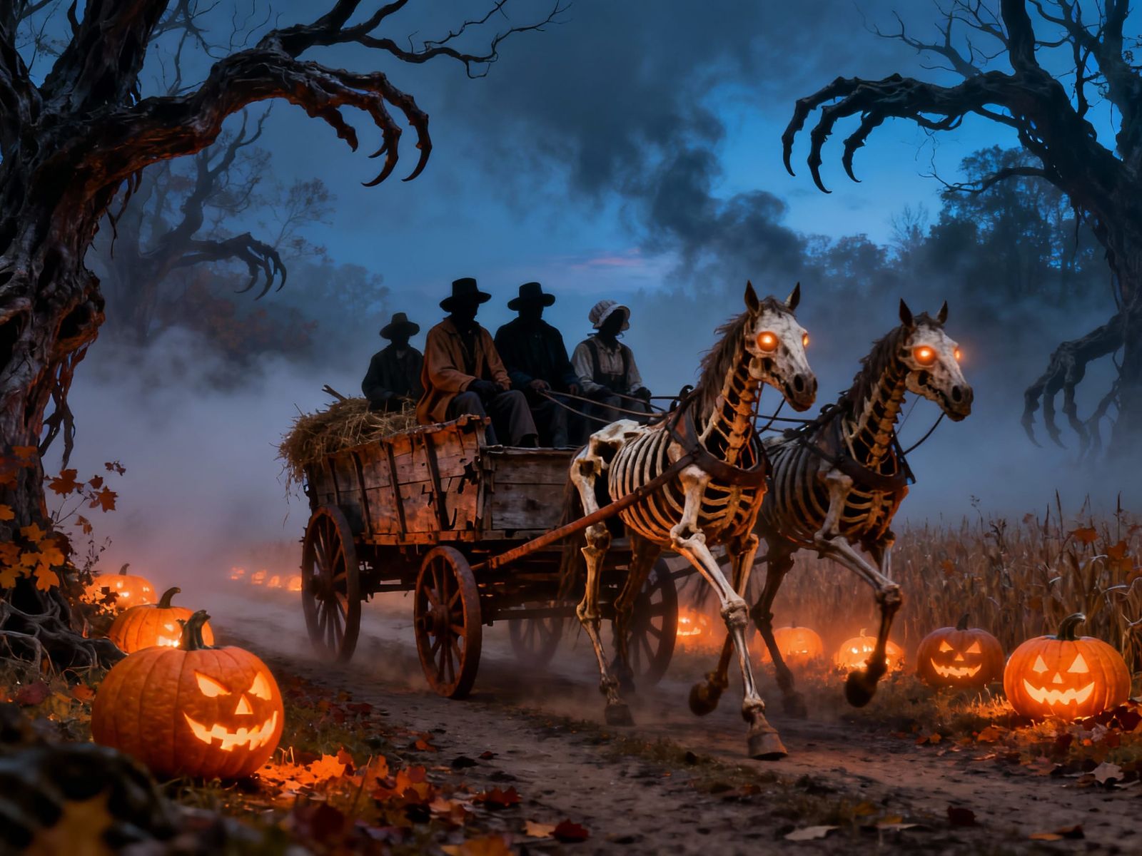 Skeletal Horses Pull Hay Wagon Through Foggy Autumn Field