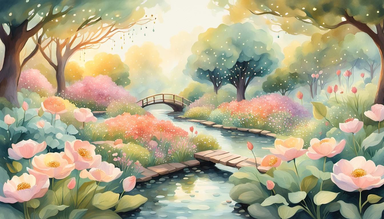 Whimsical Fantasy Garden in Soft Pastel Colors