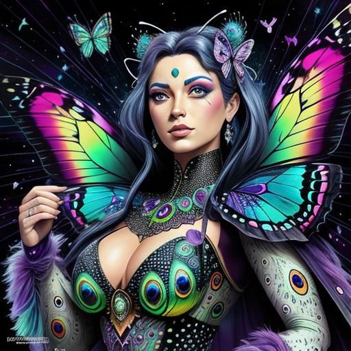 Butterfly Moth Woman with Peacock Feathers, Comic Book Art