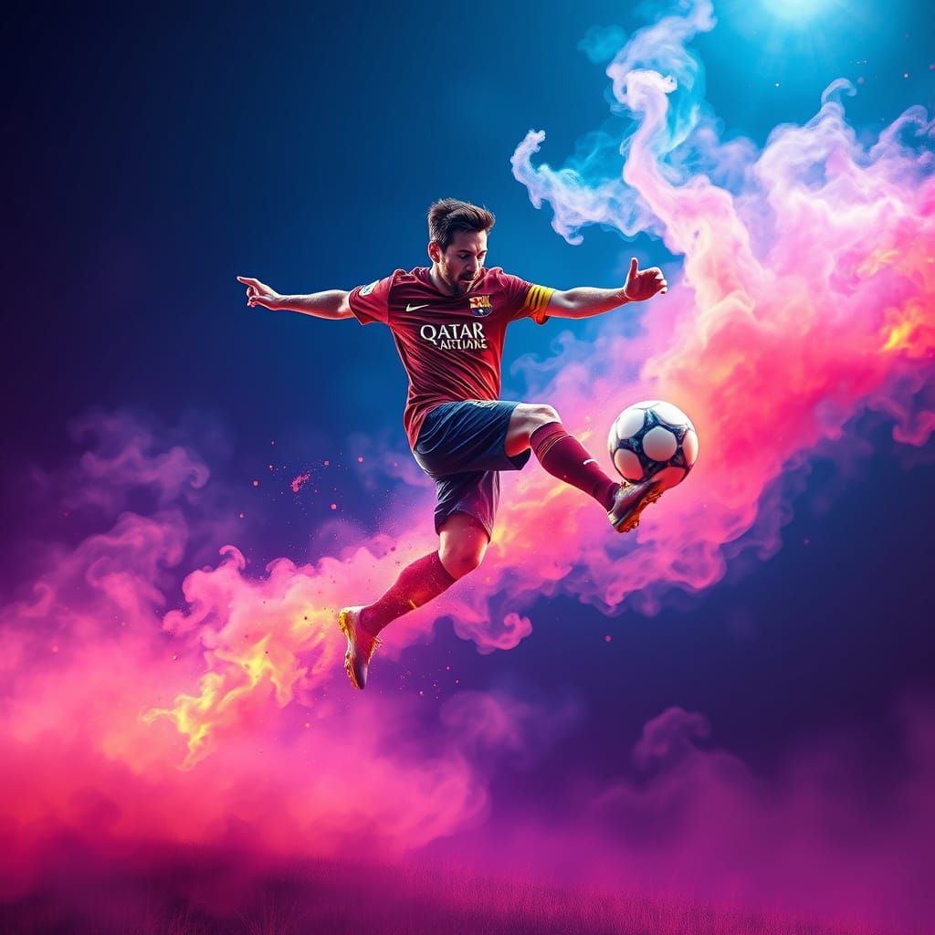 Soccer God Kicks Glowing Orb Amidst Vortex of Iridescent Mis...