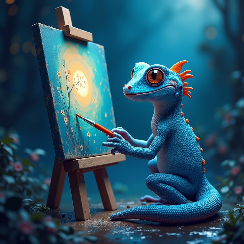 Blue Gecko Painting En Plein Air, Impressionistic Style