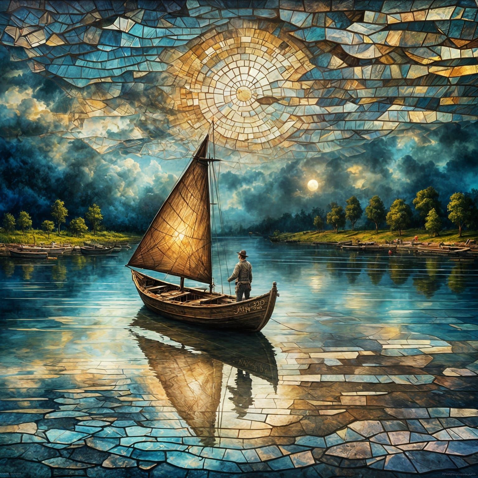 End of Summer: Mosaic Boat in Hyperrealistic Dutch Landscape