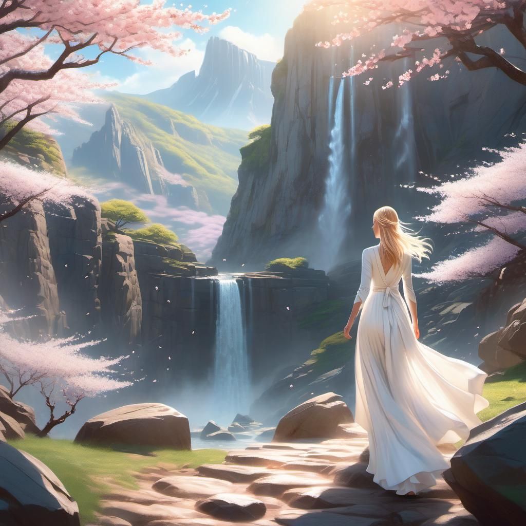 Cliffside Vista with Waterfall and Blossoms