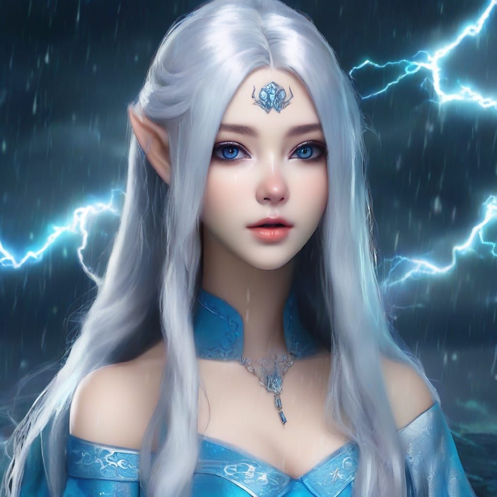 Ethereal Elven Girl with Blue Complexion in Lightning Storm