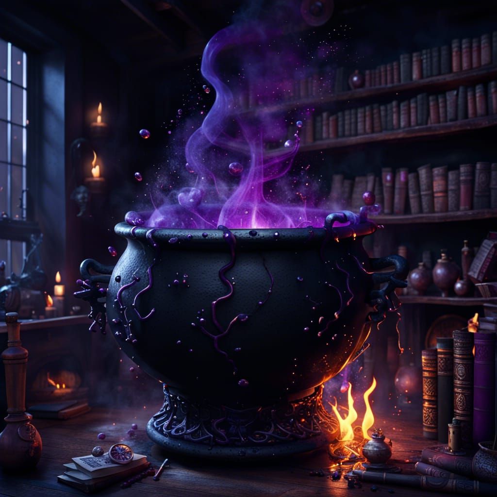 Realistic Witches Cauldron in Dark Fantasy Room
