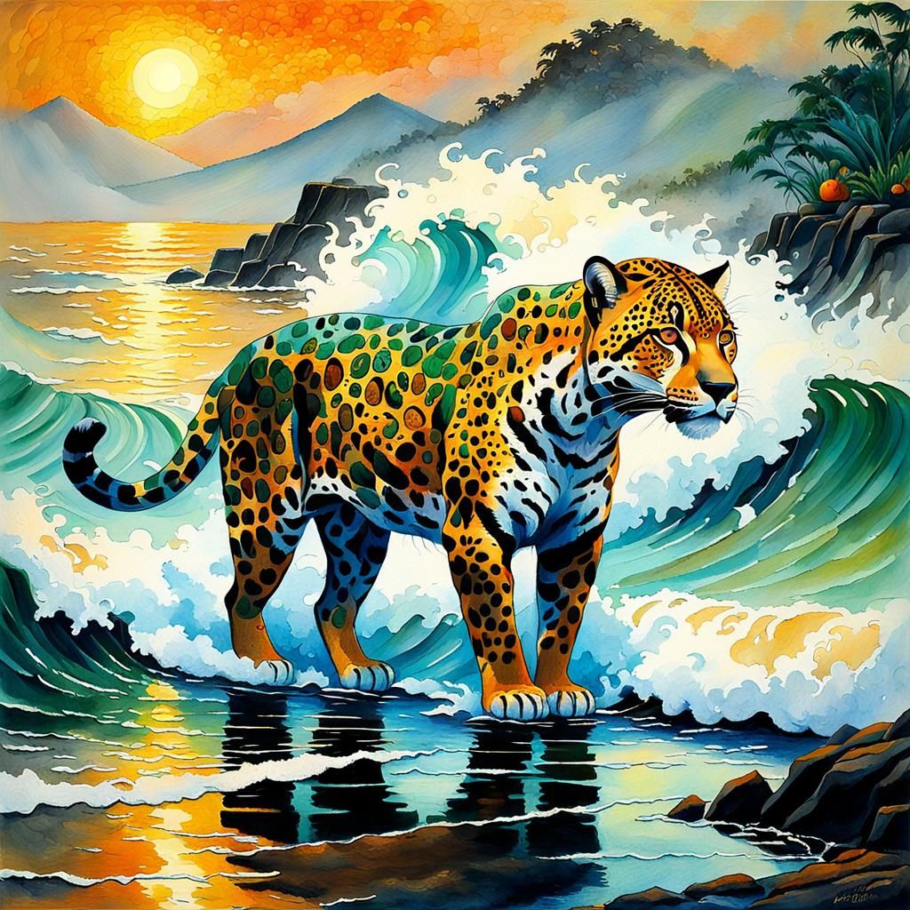 Jaguar at Misty Ocean Dawn in Impasto Style