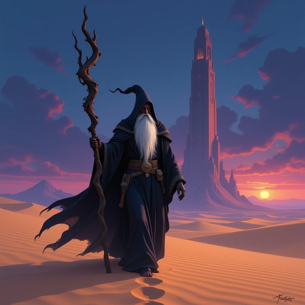 Ancient Dark Elf Wizard in Desert Twilight