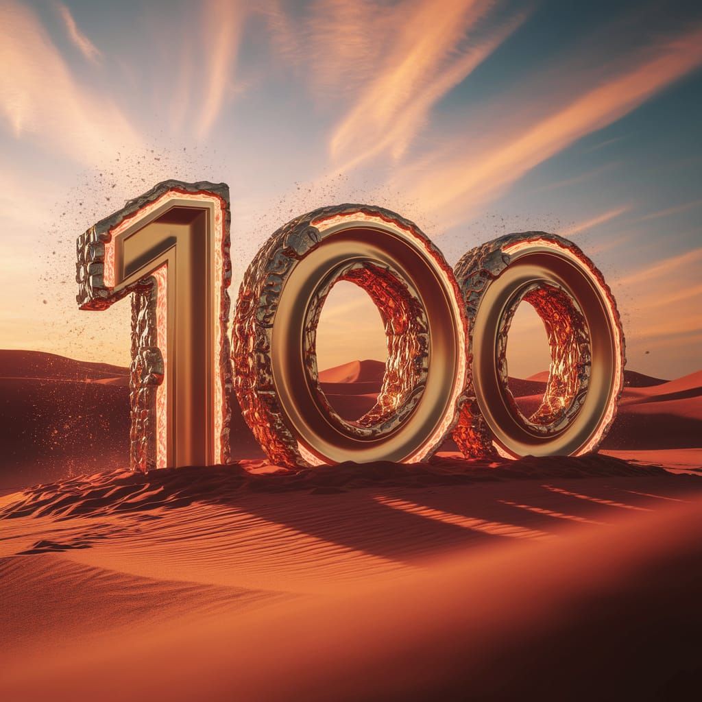 Molten Gold Sculpture of Number 100 at Sunset