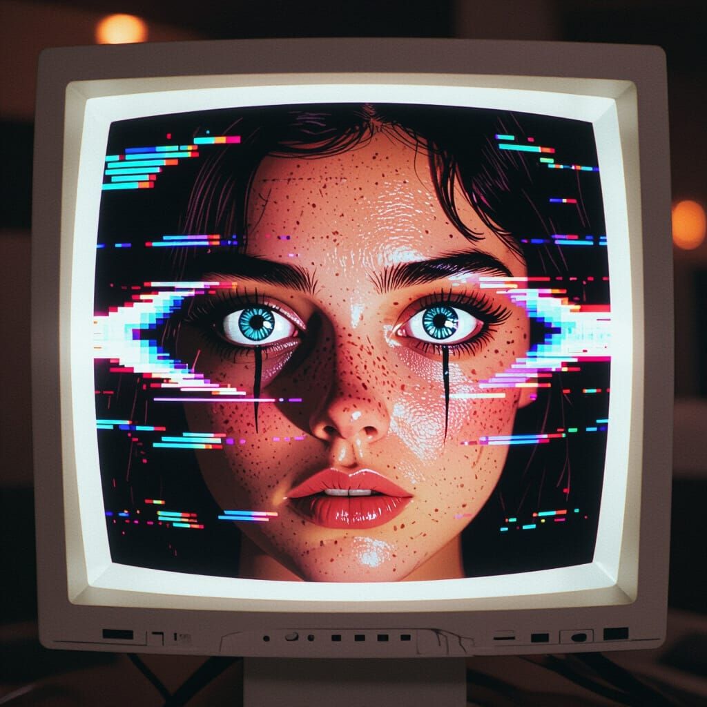 Glitch Art Face Trapped in CRT Monitor Screen