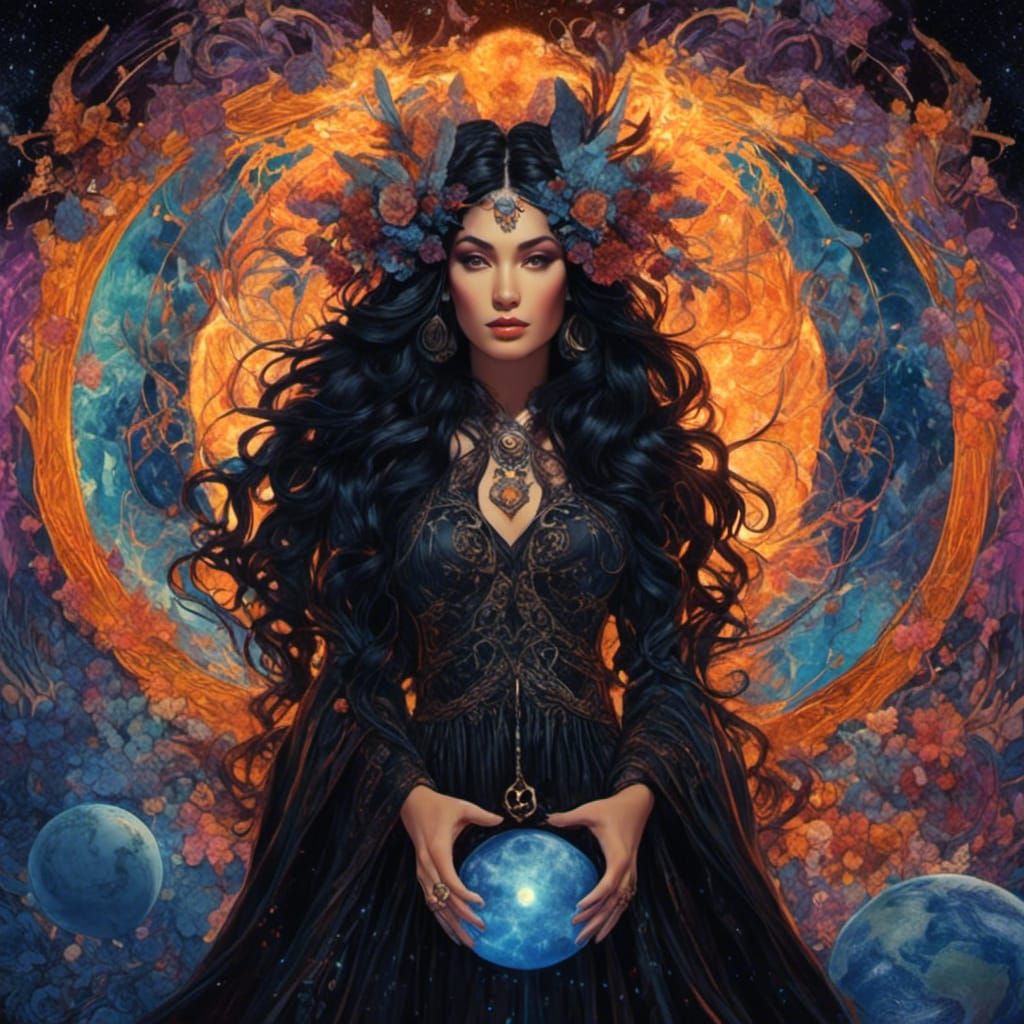 Witch with Elemental Pentacle in Cosmic Style