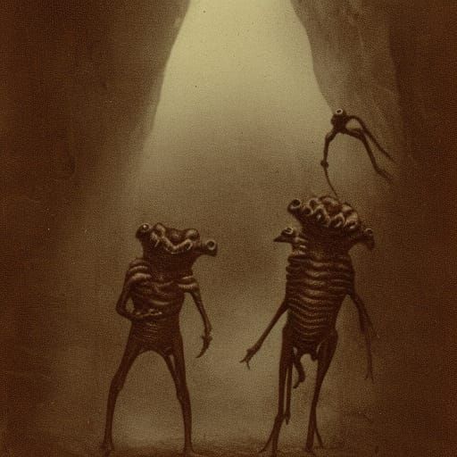 Terrifying Cave Creatures in Restored Sepia Photograph