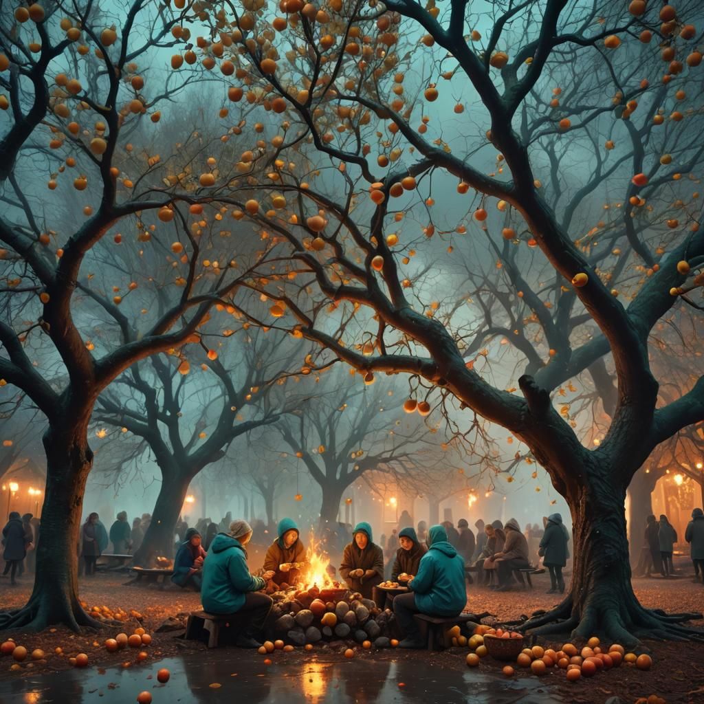 Shining Apple Trees on Rainy Winter Day