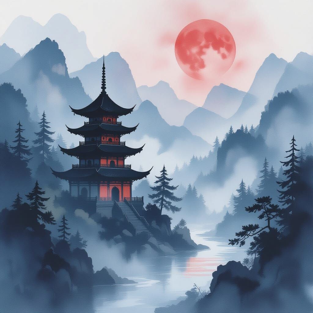 Misty Mountain Pagoda with Red Moon in Watercolor Style