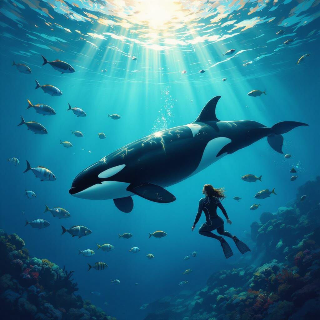 Orca whale in the ocean, next to it a woman