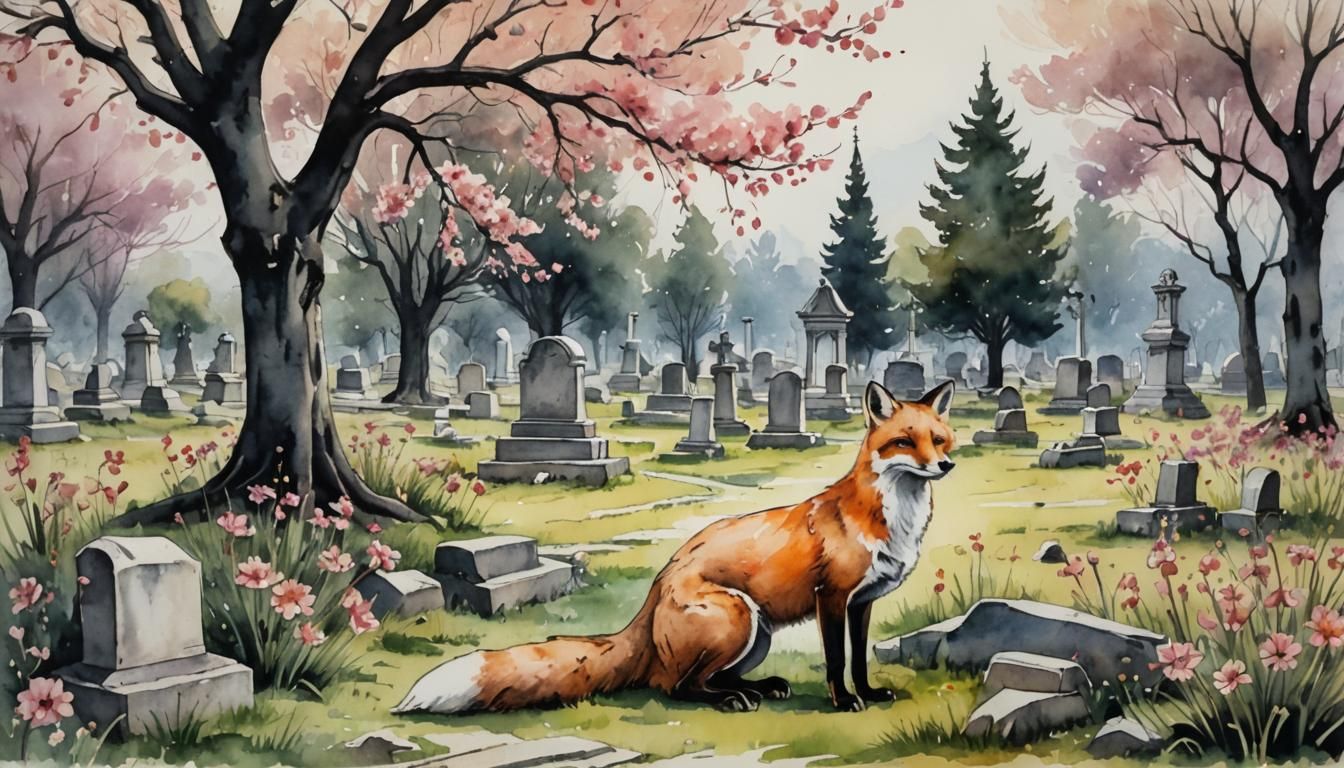 Fox in Ancient Greek Cemetery, Watercolor and Ink