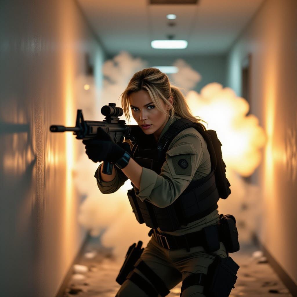 Cinematic Special Ops Woman Sheltering from Explosion