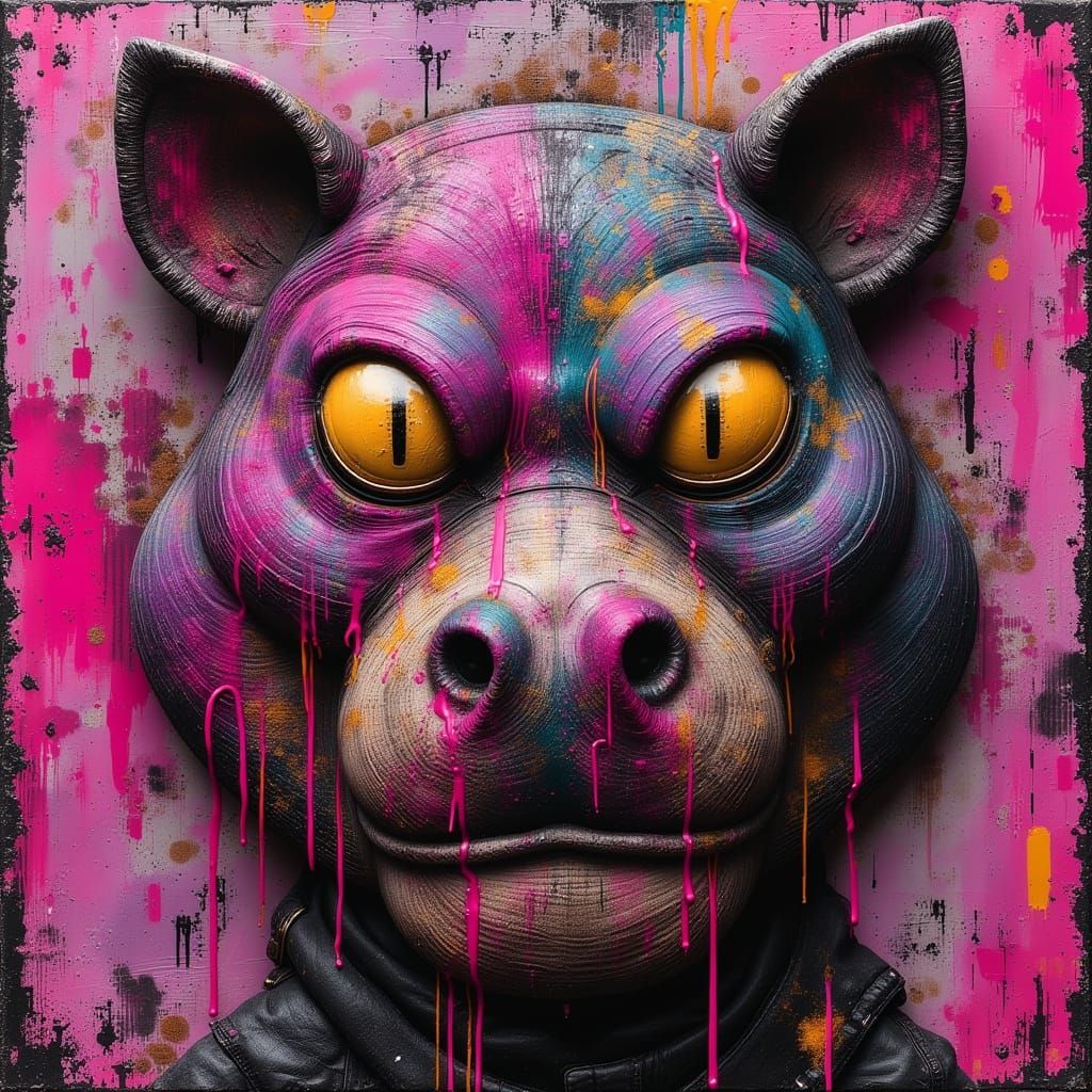 Surrealistic Hippo Cat Hybrid in Vibrant Embossed Relief