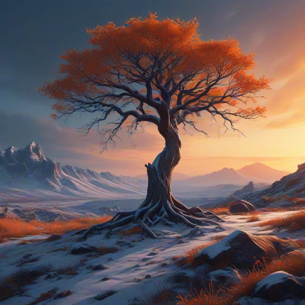 Desolate Snowy Landscape Matte Painting with Gnarled Tree