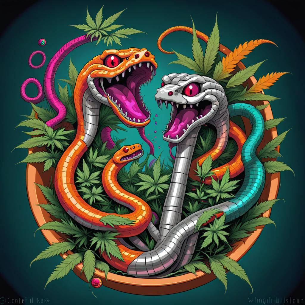 Silver metallic bong stem giant weed nugget packed into the bowl growing with weed leaves two snakes spiraling upwards a...