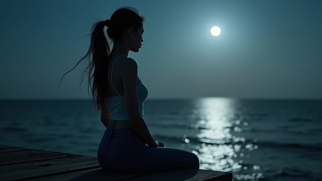 Vietnamese Woman Gazing at Moonlit Ocean