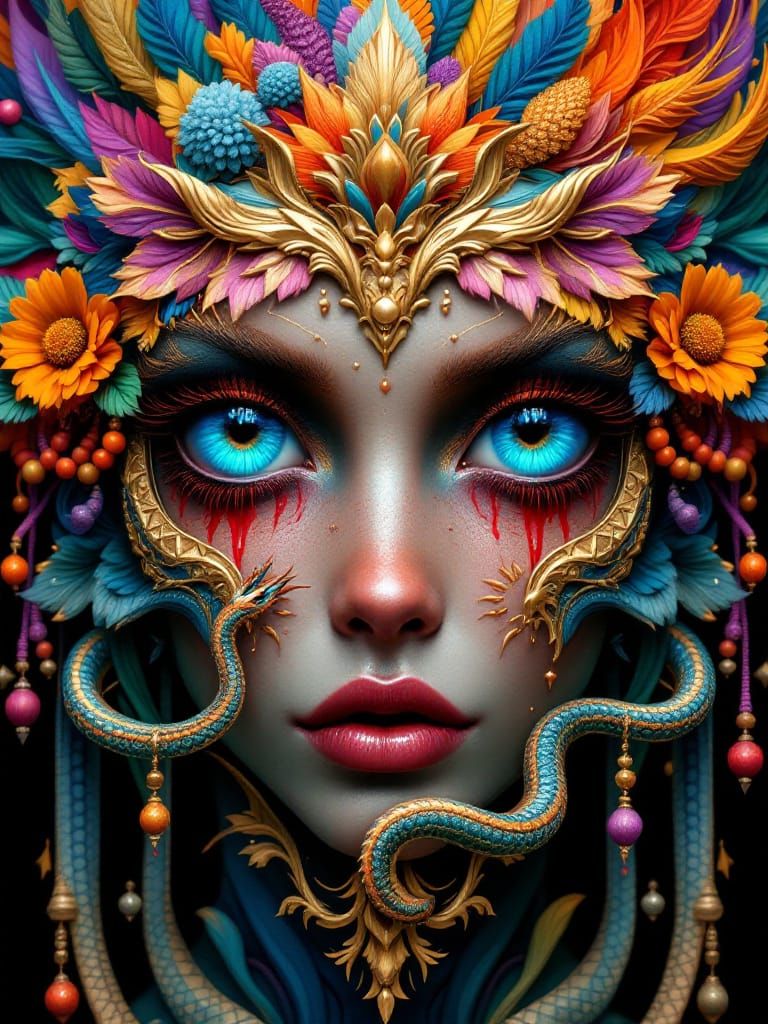 Surreal Face with Expressive Eyes and Serpentine Ornaments