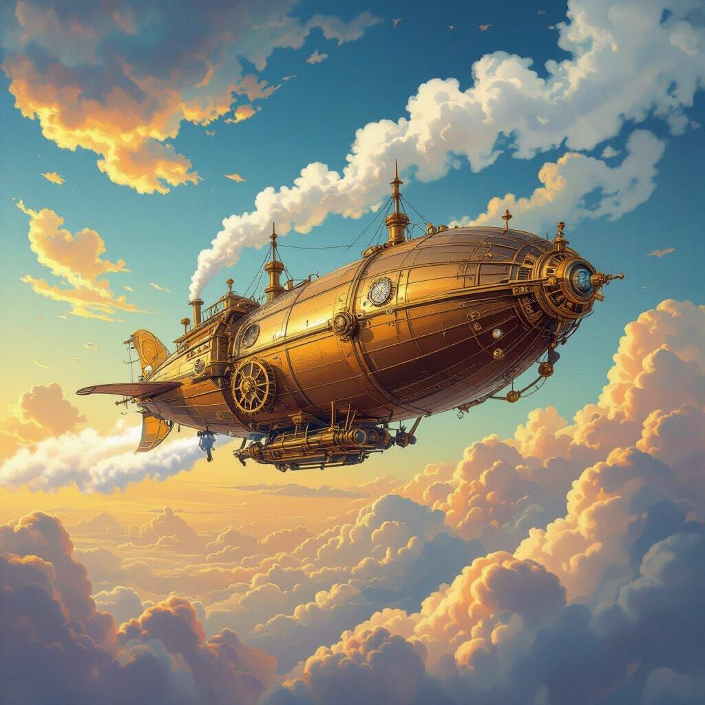 Steampunk Airship Soaring Through Vibrant Clouds