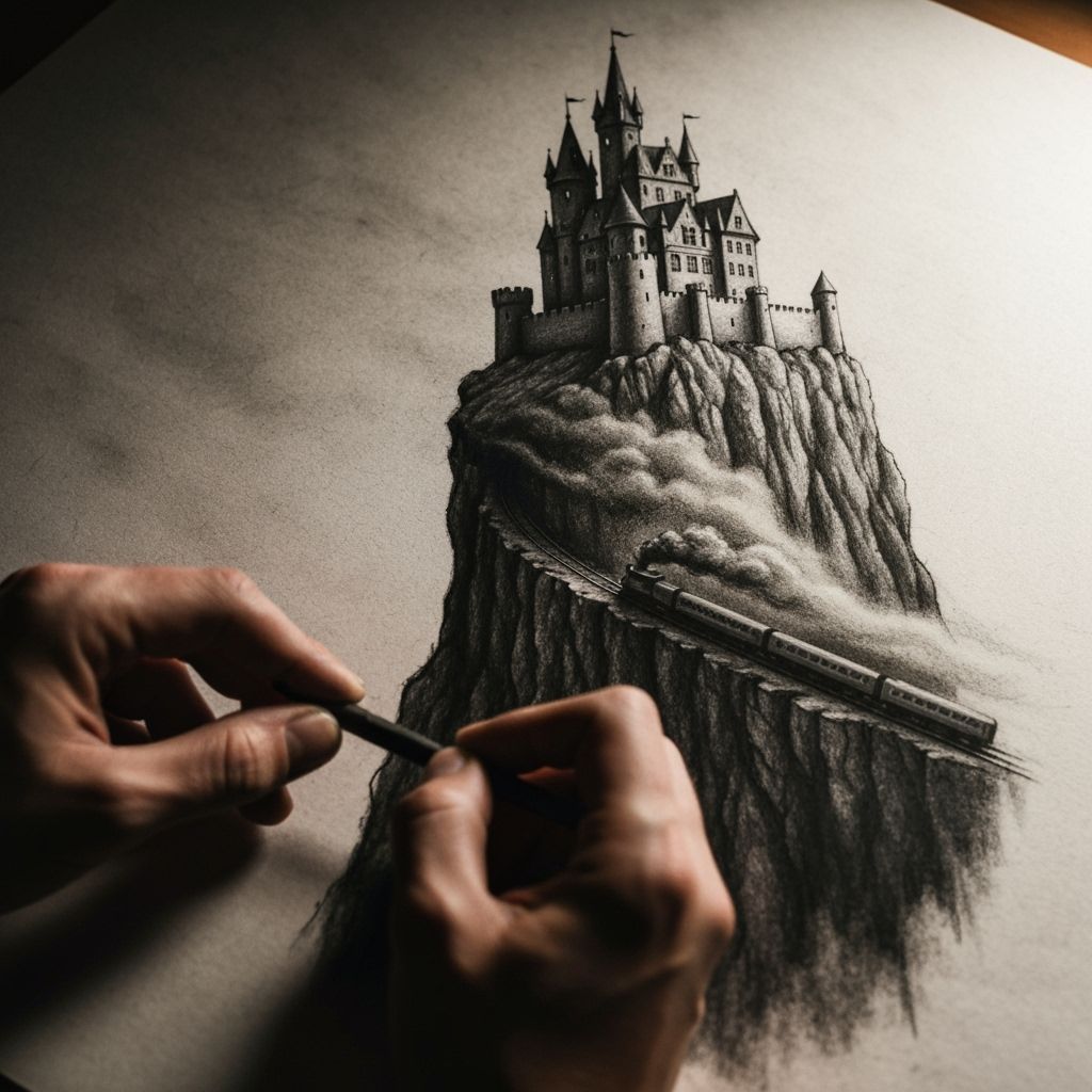Hands Drawing Majestic Castle Artwork in Charcoal