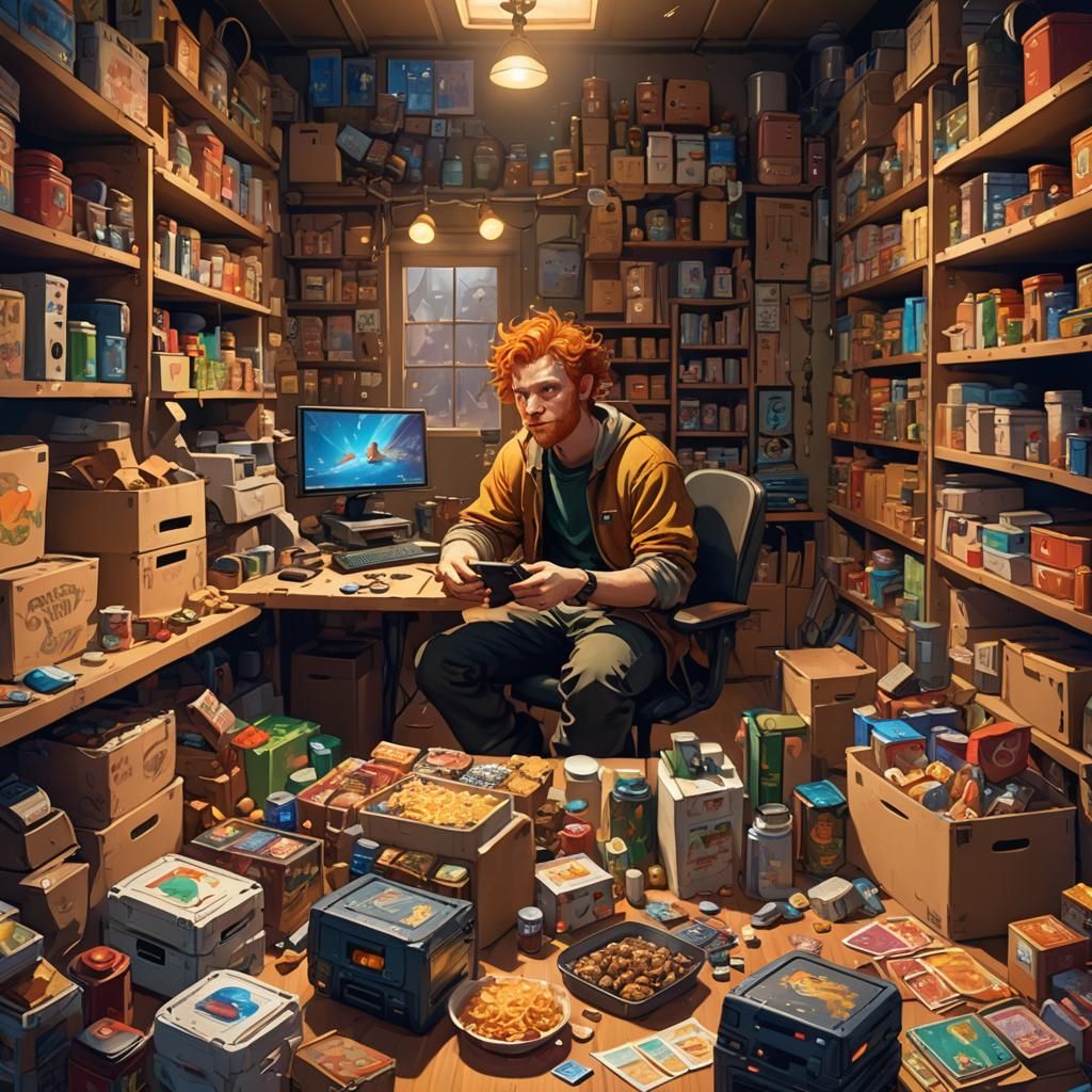Stout Ginger Gamer Surrounded by Cluttered Gaming Accessorie...