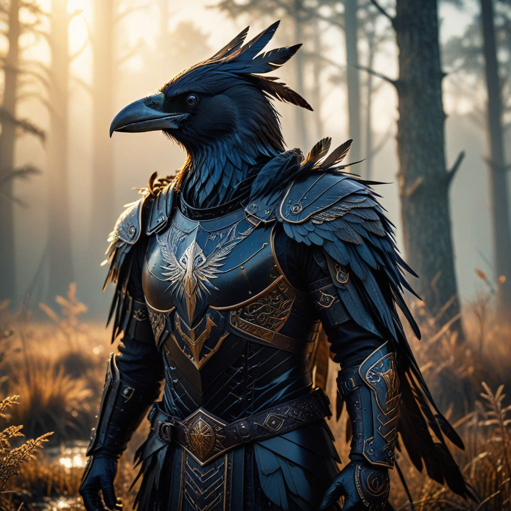 Dark Fantasy Theriocephalic Mage in Black Feathered Armor