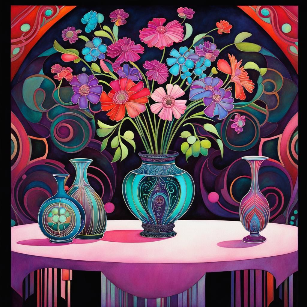 Art Deco Groovy Still Life With Glowing Lines