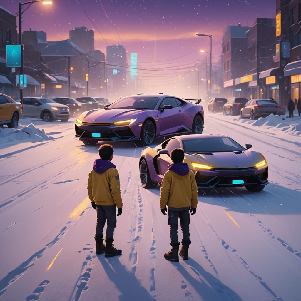 Boy on Snowy Road Surrounded by Futuristic Cars