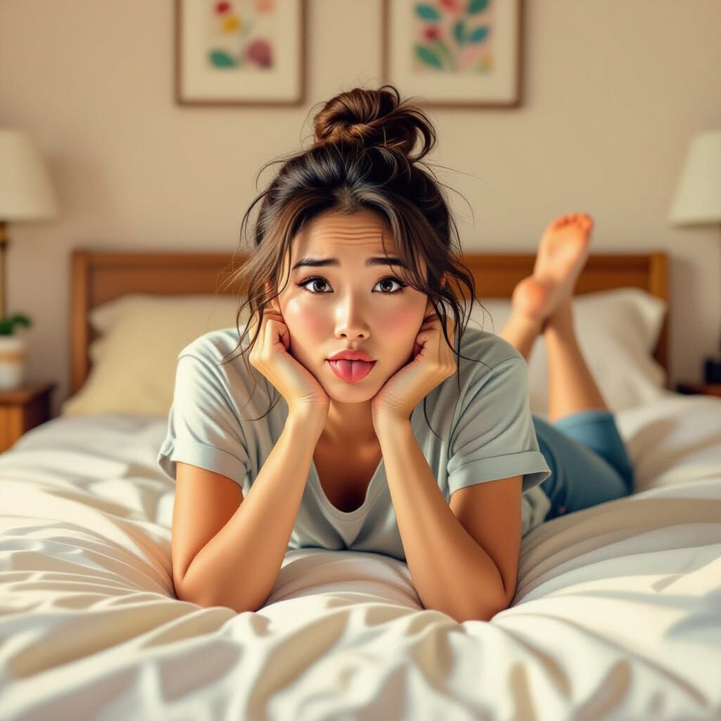 Flustered Asian Woman in Cozy Bedroom