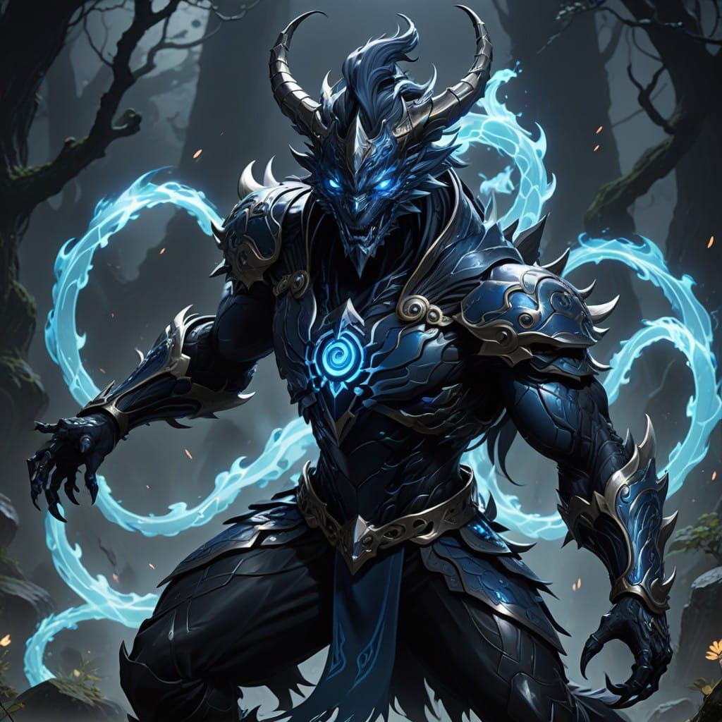 Dark Ethereal Beast with Glowing Blue Eyes and Shadow Manipu...