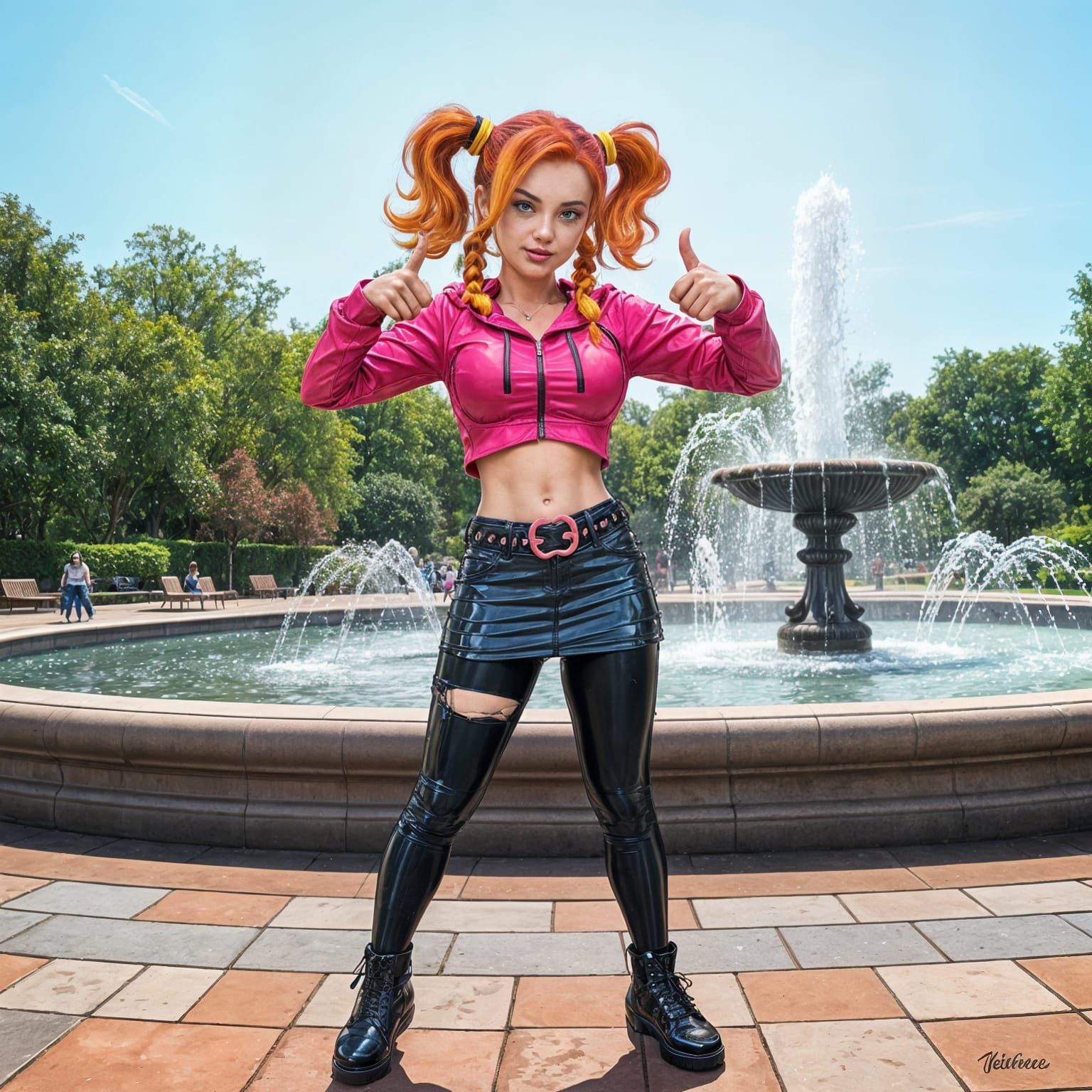 Glamorous Cyberpunk Goddess Posing by Park Fountain