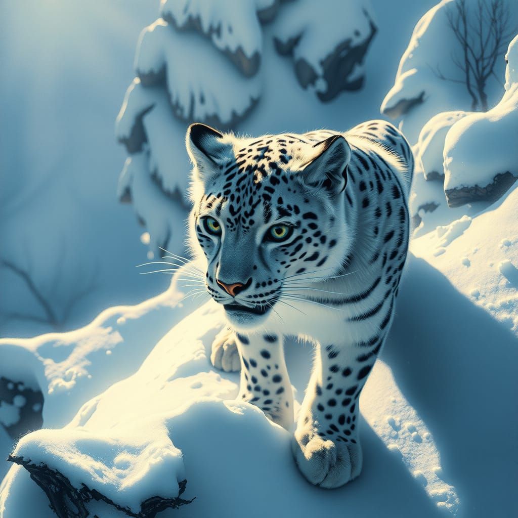 Majestic Snow Leopard in a Baroque Winter Scene
