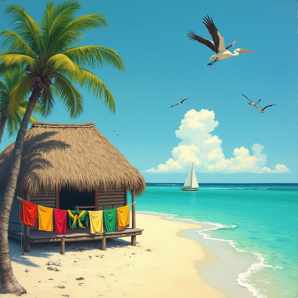 Serene Jamaican Beach Scene Inspired by Vibrant Art Styles