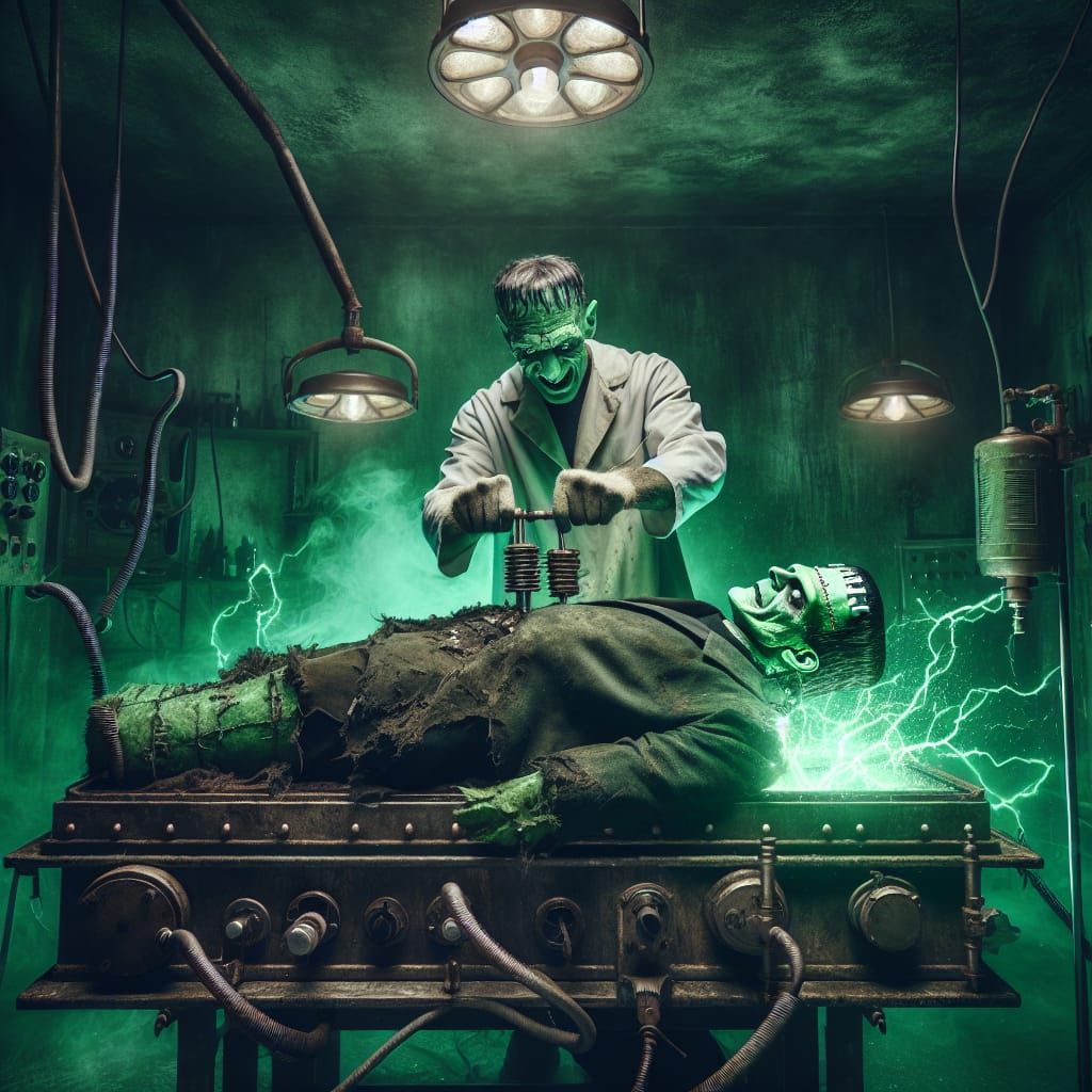 Steampunk Doctor Electrifies Frankenstein in Grungy Lab