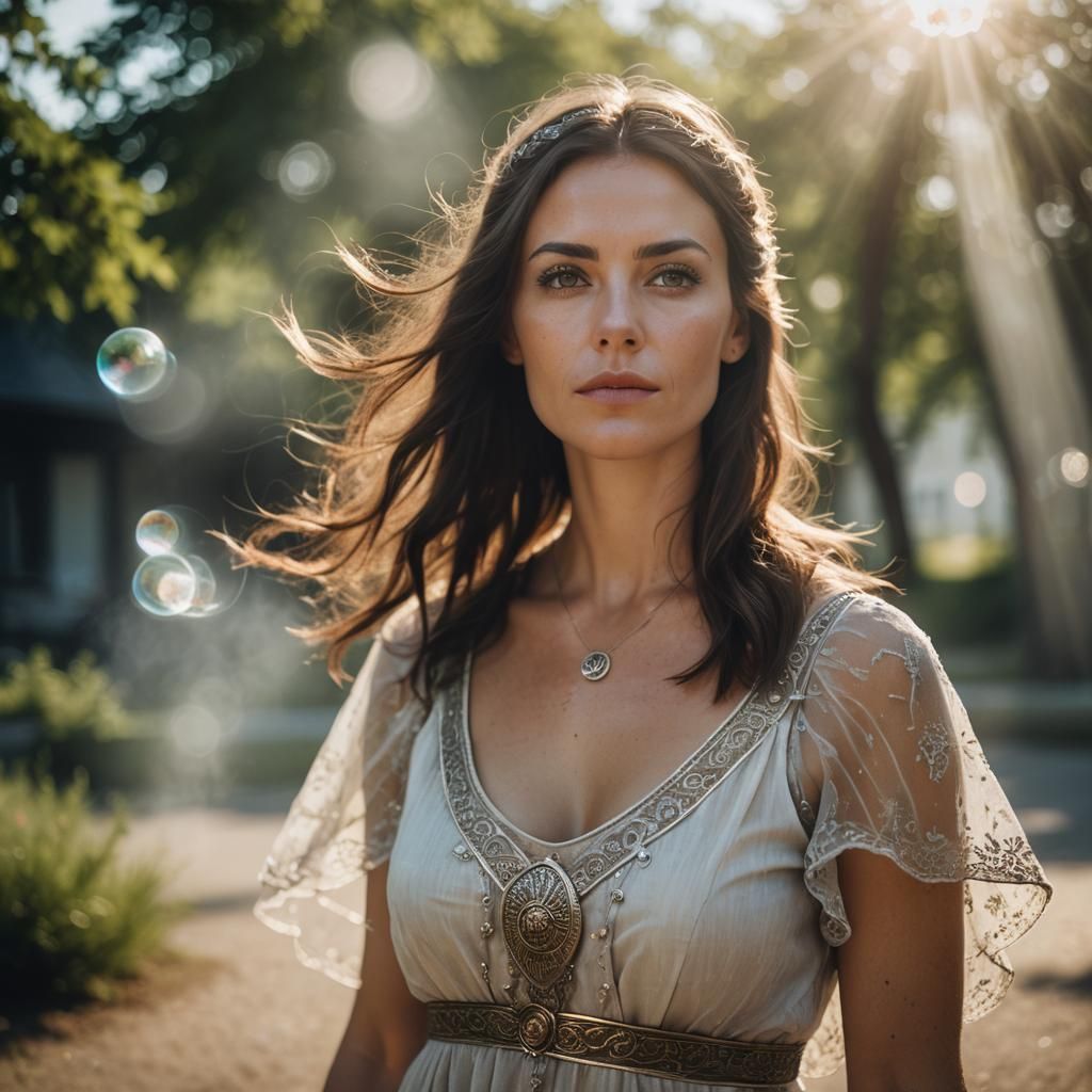 Brunette in Viking Dress with Vaporwave Light