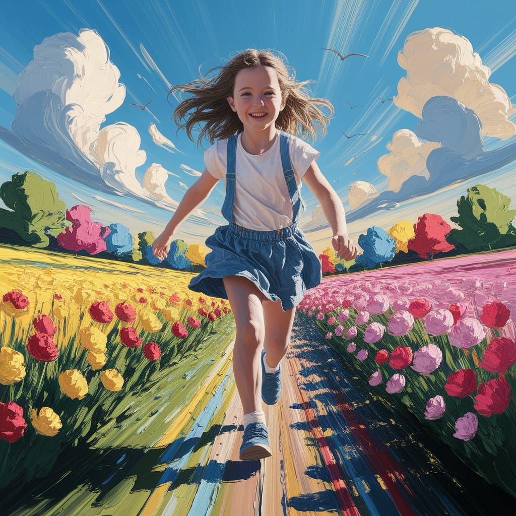 Joyful Girl in Flower Field, Impasto Oil Painting Style