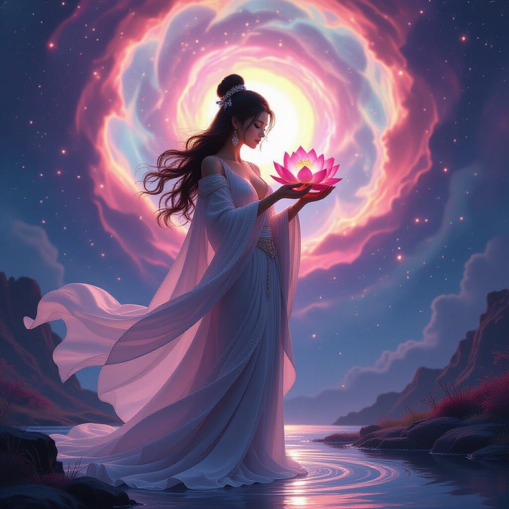 Cosmic Goddess with Lotus in Galaxy Scene